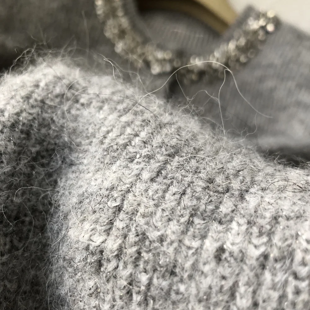 Self Portrait Grey Fluffy Crystal Trim Cardigan - Picture 12 of 13